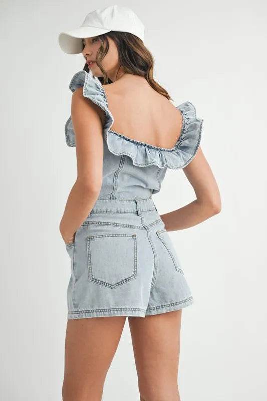 Off Shoulder Denim Romper with Ruffle Detail - Akana Style