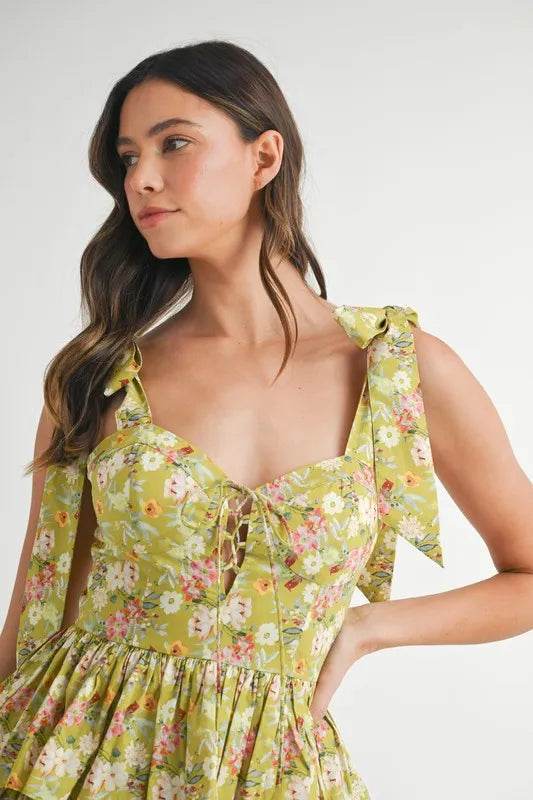 Floral Print Mini Dress with Shoulder Ties and Layered Design - Akana Style