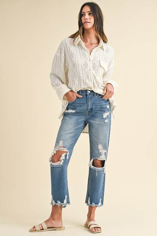 Distressed Cropped Jeans with Raw Hem for Trendy Style - Akana Style