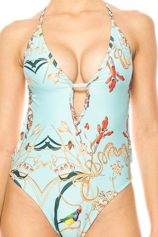 Floral Print One Piece Bathing Suit with Deep Cut Front - Akana Style