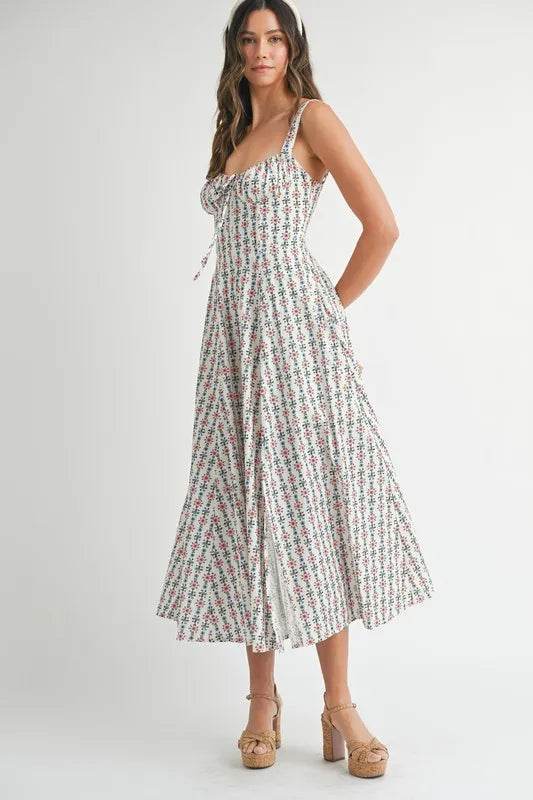 Floral Print Midi Dress with Bustier Back Lace Up Design - Akana Style