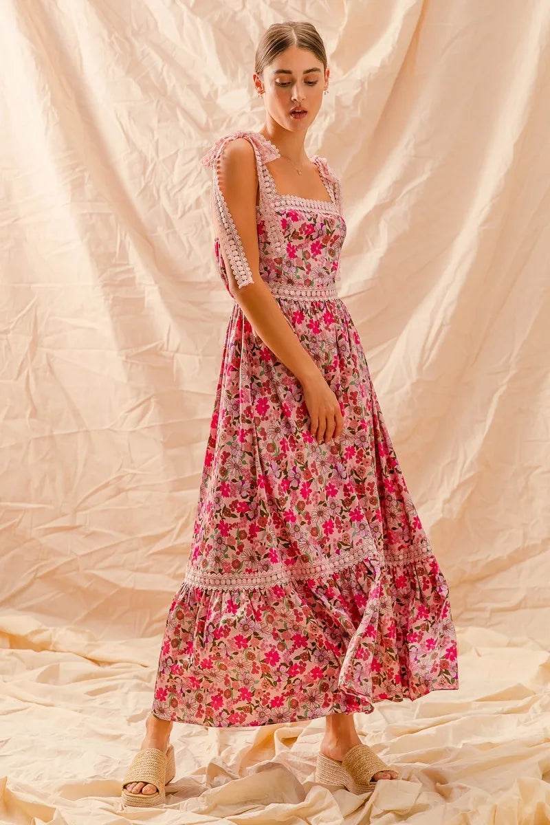 Floral Maxi Dress With Ribbon Tie Lace Strap - Akana Style