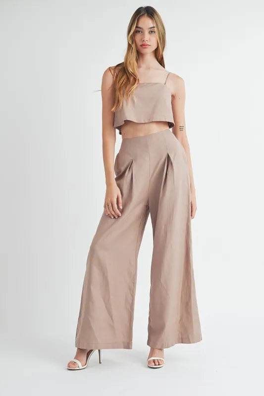 Linen Mix Crop Cami Pants Set with Wide Leg Pants - Akana Style