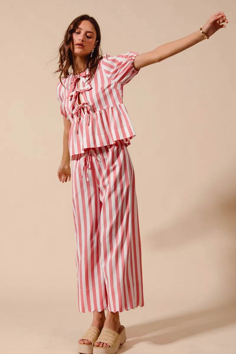 Front Tie Stripe Top Set with Puff Sleeves and Wide Leg Pants - Akana Style