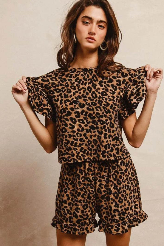 Leopard Print Ruffle Sleeve Set with Waffle Texture Layered Top and Shorts - Akana Style