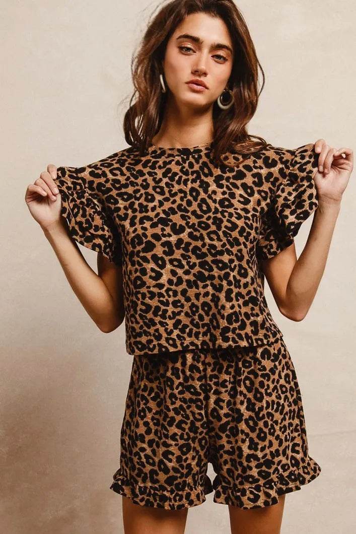 Leopard Print Ruffle Sleeve Set with Waffle Texture Layered Top and Shorts - Akana Style