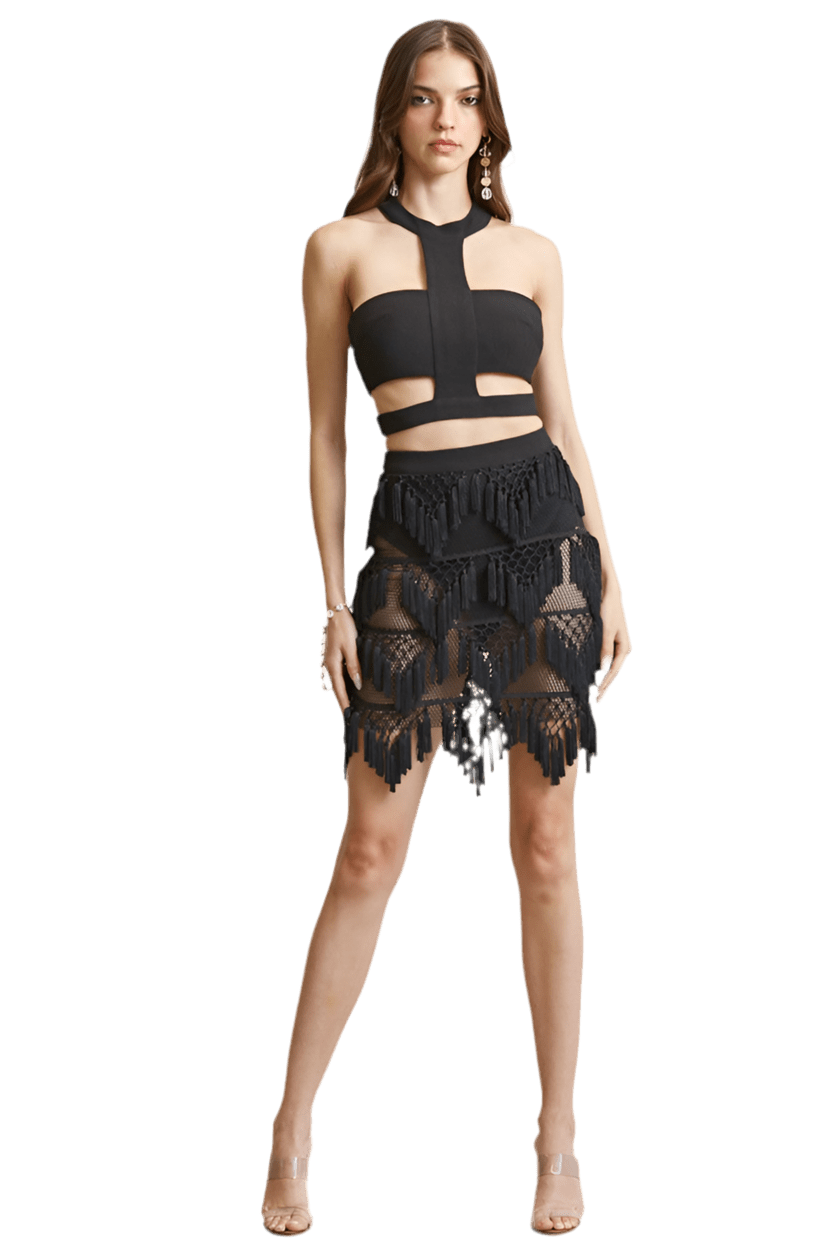 Tassel trim knit top and skirt set