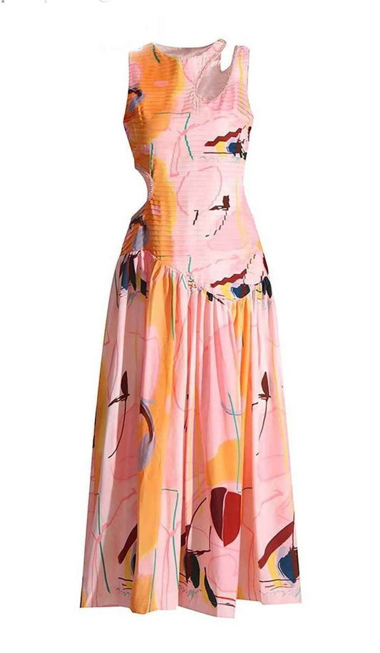 Multicolor Midi Dress - Cut Out Round Neck Midi Dress for Effortless Style - Akana Style