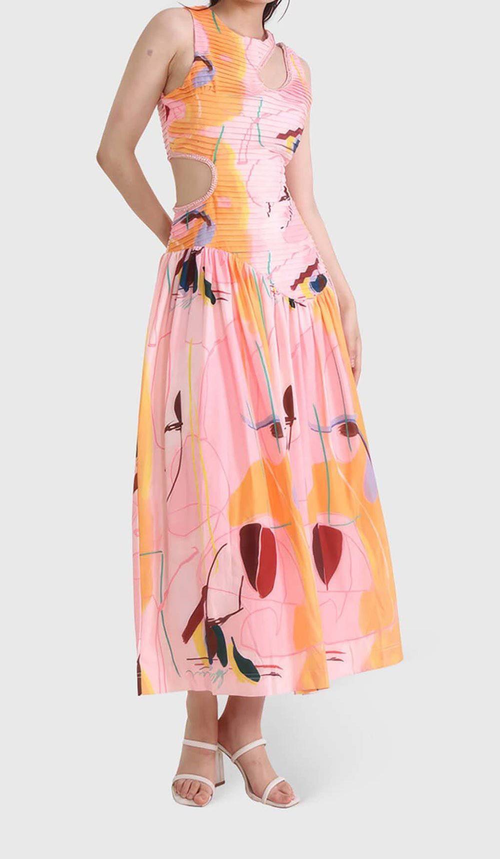 Cut out Round neck midi dress in multicolor