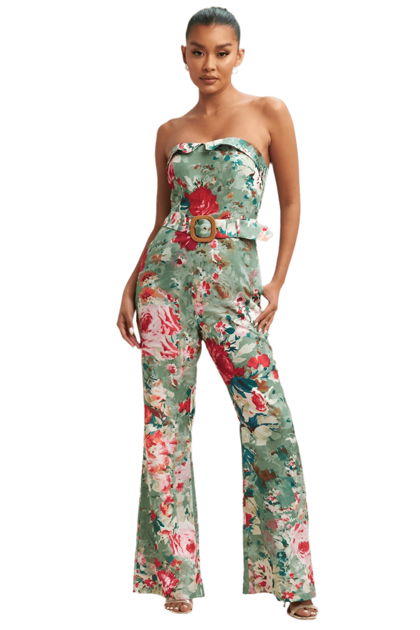 Floral belted flare jumpsuit