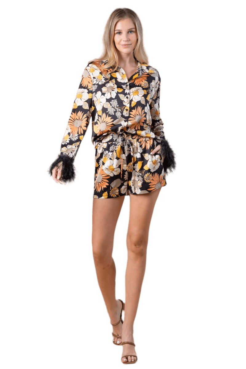 Front button shirt with faux fur trim and shorts set