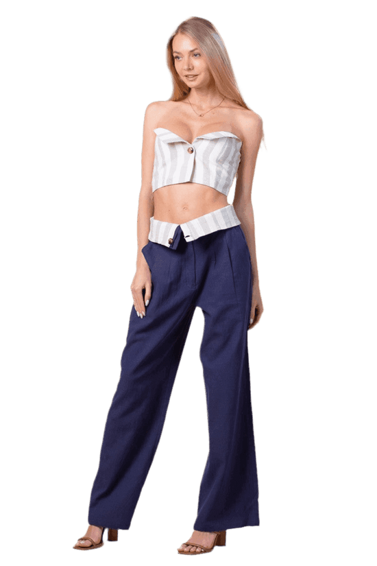 Navy Striped Linen Set for Stylish Comfort and Relaxation - Akana Style