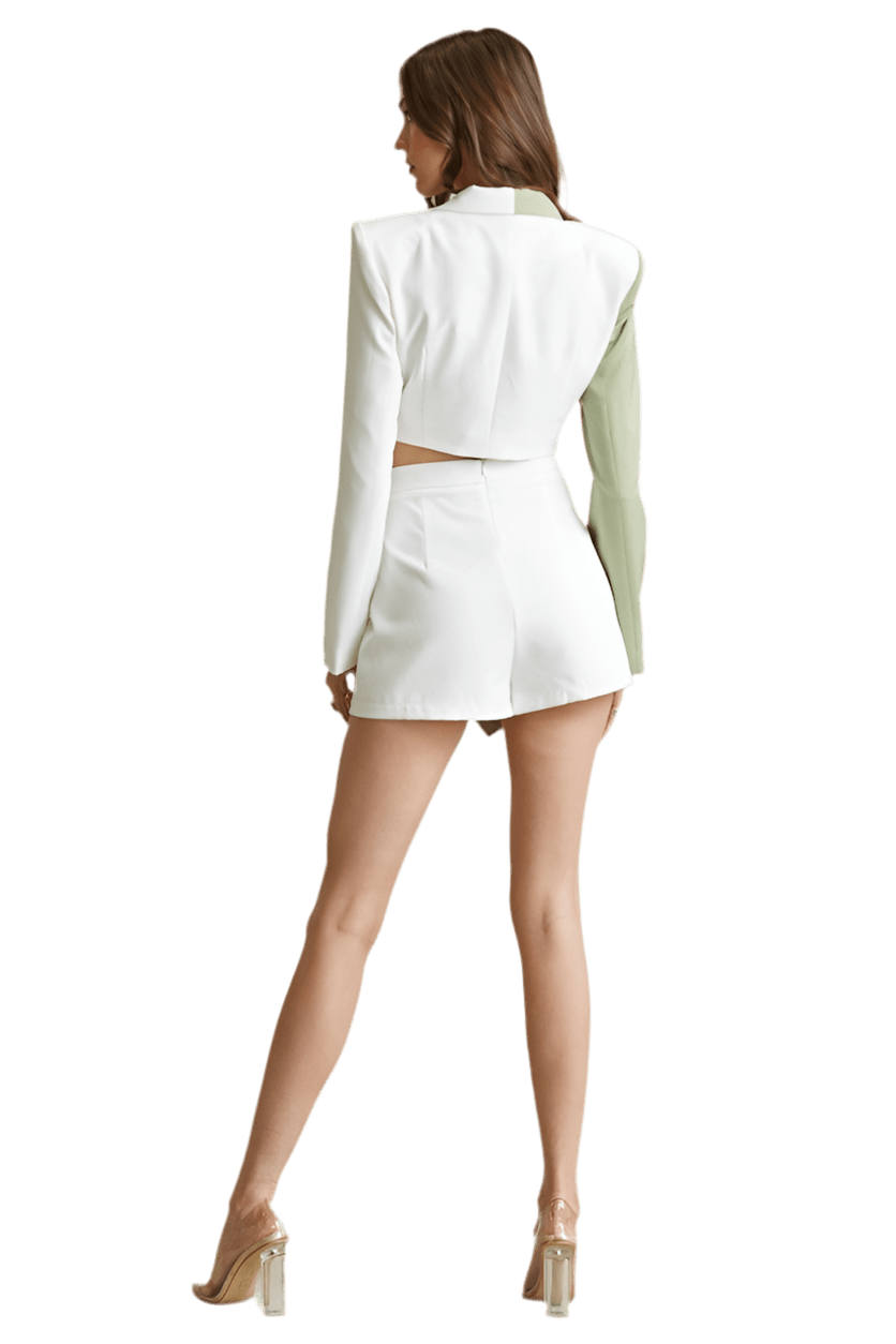 Two-tone blazer and ruched shorts 2 pieces set