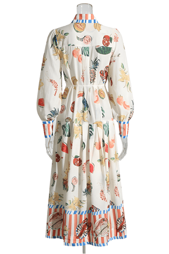 Women High Waist Patchwork Dress with Lapel Collar and Long Sleeves - Akana